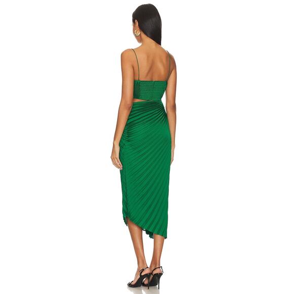 Alice + Olivia Fayeth Midi Dress Pleated Cut-Out Asymmetric Hem Emerald Size 2 - Picture 4 of 15